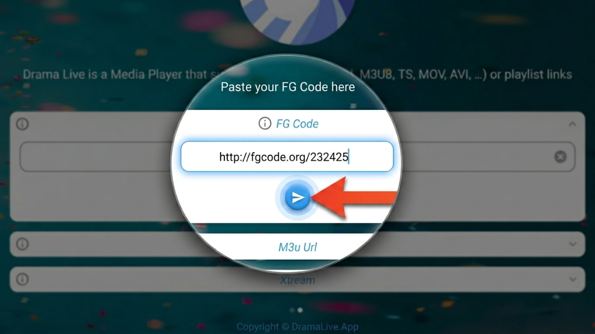 شاشة إدخال FG Code داخل تطبيق دراما لايف